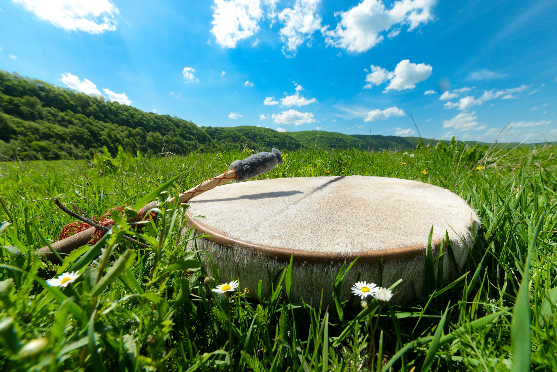 Shamanic tambourine on a meadow